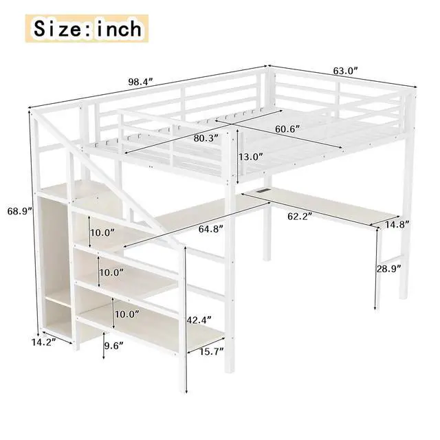 Alt view image 2 of 7 - Metal Loft Bed with LShaped Desk and Storage Stairs for Gaming Room, Loft Bed with Led Light and USB Charging Station for Kids Teens, Queen Size, White Straight Grain