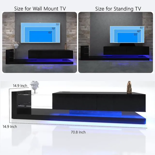 Alt view image 3 of 7 - 70 Modern Minimalist TV Stand for 55 65 75 Inch TV, Black