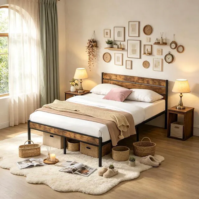 Main image of Platform Bed Fram with Wood Headboard and Footboard, Metal and Wood Bed Frame with Under Bed Storage Space for Apartment Bedroom, Easy Assembly, Full Size, Brown+Black