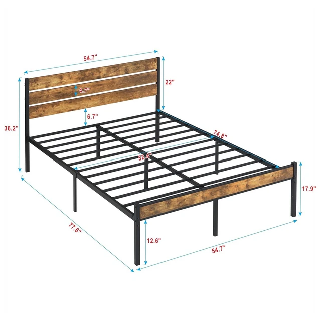 Alt view image 2 of 7 - Platform Bed Fram with Wood Headboard and Footboard, Metal and Wood Bed Frame with Under Bed Storage Space for Apartment Bedroom, Easy Assembly, Full Size, Brown+Black