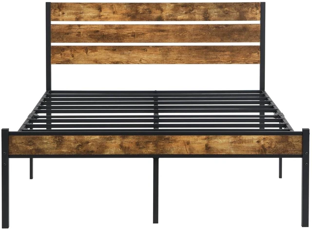 Alt view image 3 of 7 - Metal Wood Bed Frame with Under Bed Storage Space, Platform Bed Fram with Wood Headboard and Footboard for Bedroom Guest Room, Easy Assembly, King Size, Brown+Black