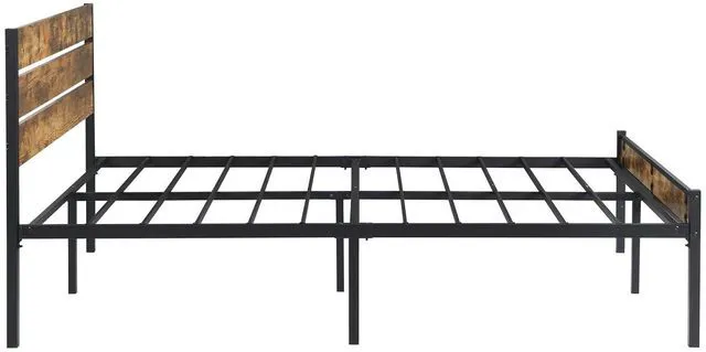 Alt view image 6 of 7 - Metal Wood Bed Frame with Under Bed Storage Space, Platform Bed Fram with Wood Headboard and Footboard for Bedroom Guest Room, Easy Assembly, King Size, Brown+Black