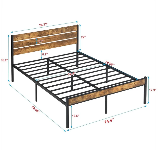 Alt view image 2 of 7 - Metal Wood Bed Frame with Under Bed Storage Space, Platform Bed Fram with Wood Headboard and Footboard for Bedroom Guest Room, Easy Assembly, King Size, Brown+Black