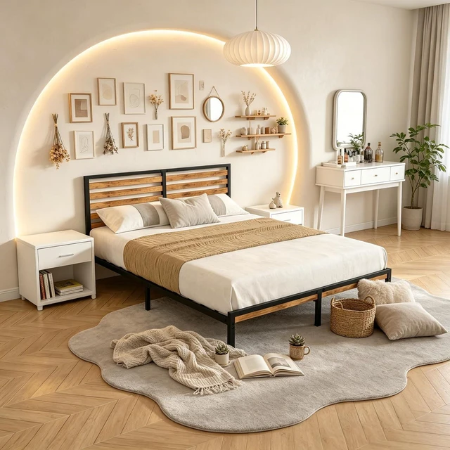 Main image of Platform Bed Fram with Headboard and Footboard, Metal and Wood Bed Frame with Under Bed Storage Space, Easy Assembly, Queen Size, Brown+Black