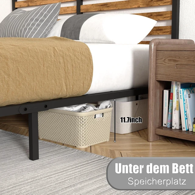 Alt view image 5 of 7 - Platform Bed Fram with Headboard and Footboard, Metal and Wood Bed Frame with Under Bed Storage Space, Easy Assembly, Queen Size, Brown+Black