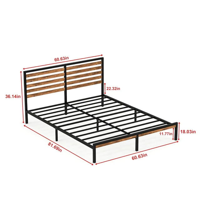 Alt view image 2 of 7 - Platform Bed Fram with Headboard and Footboard, Metal and Wood Bed Frame with Under Bed Storage Space, Easy Assembly, Queen Size, Brown+Black