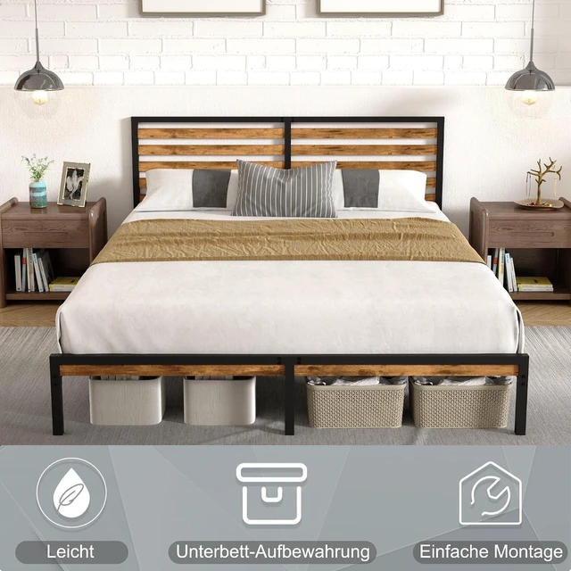 Alt view image 3 of 7 - Platform Bed Fram with Headboard and Footboard, Metal and Wood Bed Frame with Under Bed Storage Space, Easy Assembly, Queen Size, Brown+Black
