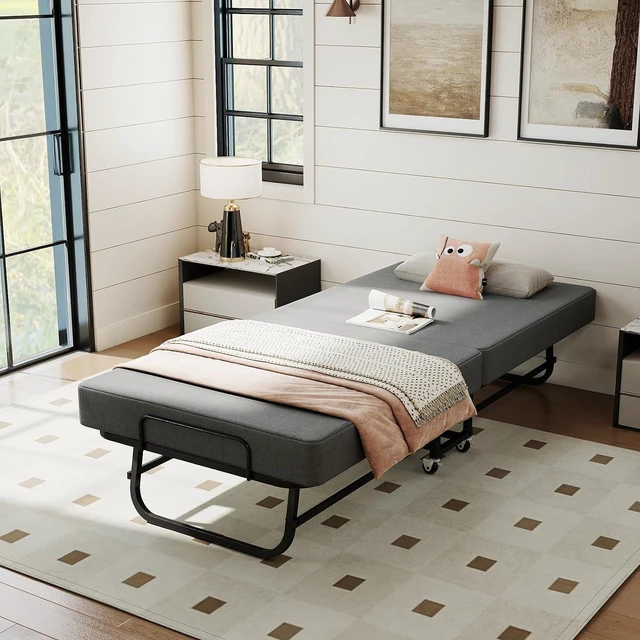 Main image of Metal Folding Bed with Memory Foam Mattress, Grey