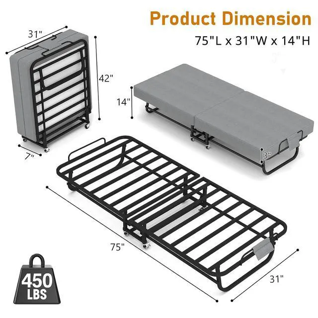 Alt view image 2 of 7 - Metal Folding Bed with Memory Foam Mattress, Grey
