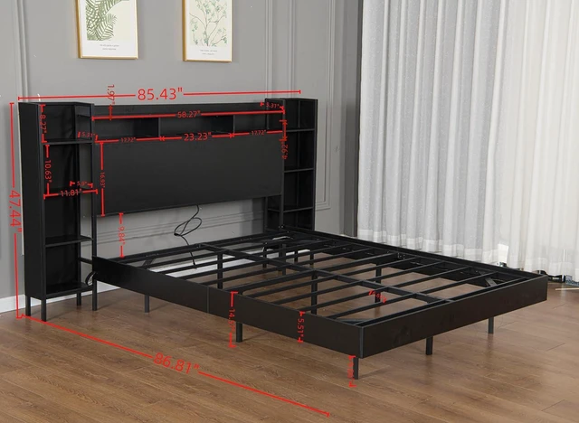 Alt view image 2 of 7 - Floating Platform Bed Frame Queen Size with Bookshelf Headboard, Metal Bed Frame with Led Lights and Charging Port, No Box Spring Needed, Black