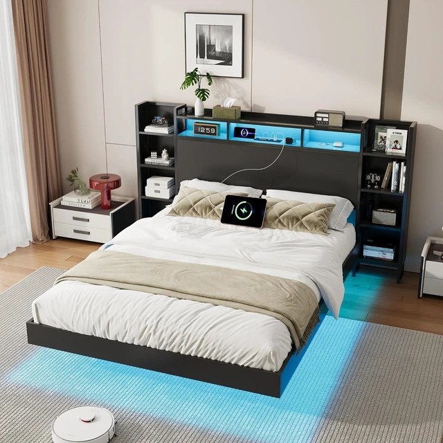 Alt view image 3 of 7 - Floating Platform Bed Frame Queen Size with Bookshelf Headboard, Metal Bed Frame with Led Lights and Charging Port, No Box Spring Needed, Black