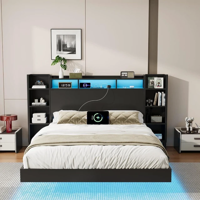 Alt view image 4 of 7 - Floating Platform Bed Frame Queen Size with Bookshelf Headboard, Metal Bed Frame with Led Lights and Charging Port, No Box Spring Needed, Black