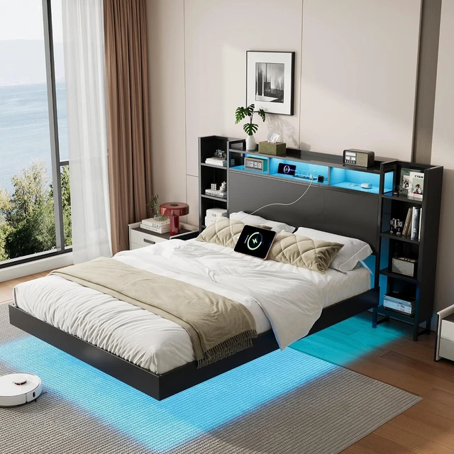Alt view image 5 of 7 - Floating Platform Bed Frame Queen Size with Bookshelf Headboard, Metal Bed Frame with Led Lights and Charging Port, No Box Spring Needed, Black