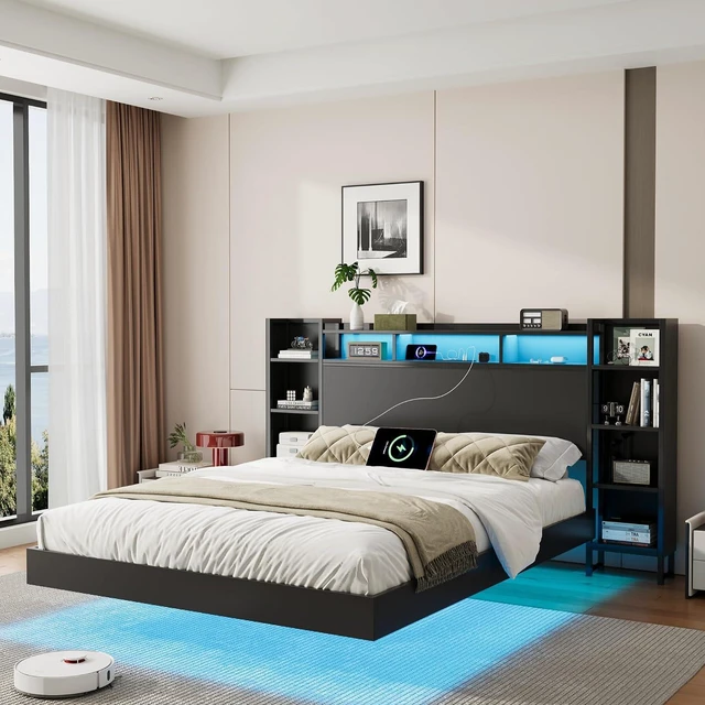 Main image of Floating Platform Bed Frame Queen Size with Bookshelf Headboard, Metal Bed Frame with Led Lights and Charging Port, No Box Spring Needed, Black