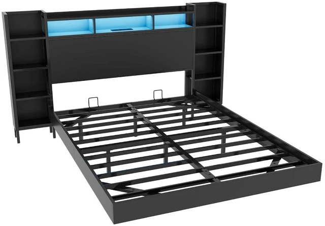 Alt view image 7 of 7 - Floating Platform Bed Frame Queen Size with Bookshelf Headboard, Metal Bed Frame with Led Lights and Charging Port, No Box Spring Needed, Black