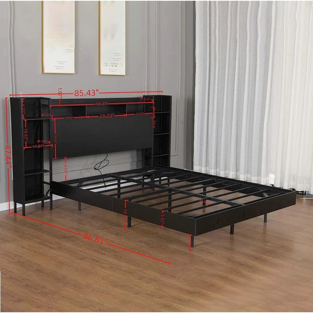 Alt view image 6 of 7 - Floating Platform Bed Frame Queen Size with Bookshelf Headboard, Metal Bed Frame with Led Lights and Charging Port, No Box Spring Needed, Black