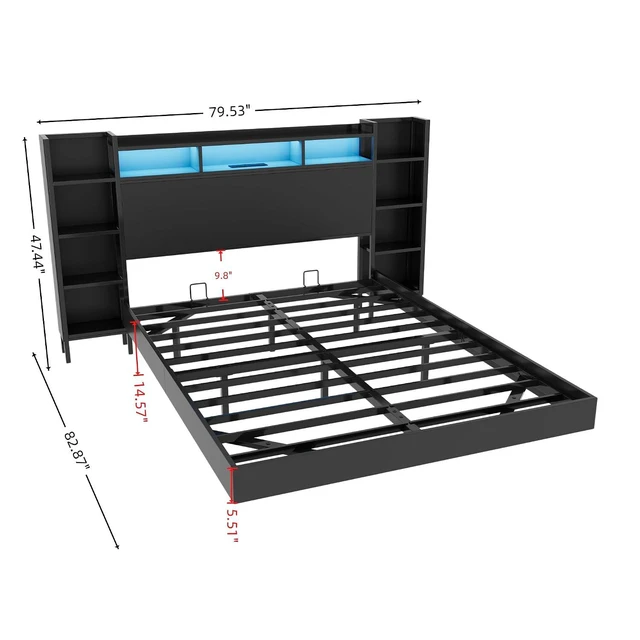 Alt view image 2 of 7 - Floating Platform Bed Frame Full Size with Bookshelf Headboard, Metal Bed Frame with Led Lights and Charging Port, No Box Spring Needed, Black