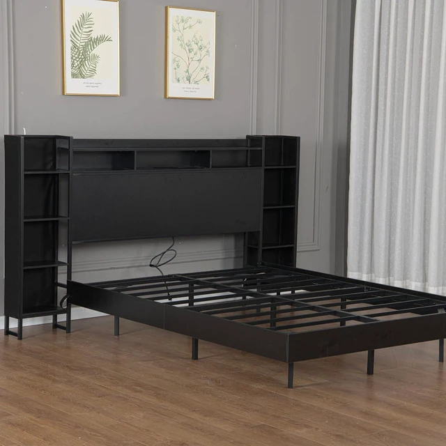 Alt view image 6 of 7 - Floating Platform Bed Frame Full Size with Bookshelf Headboard, Metal Bed Frame with Led Lights and Charging Port, No Box Spring Needed, Black