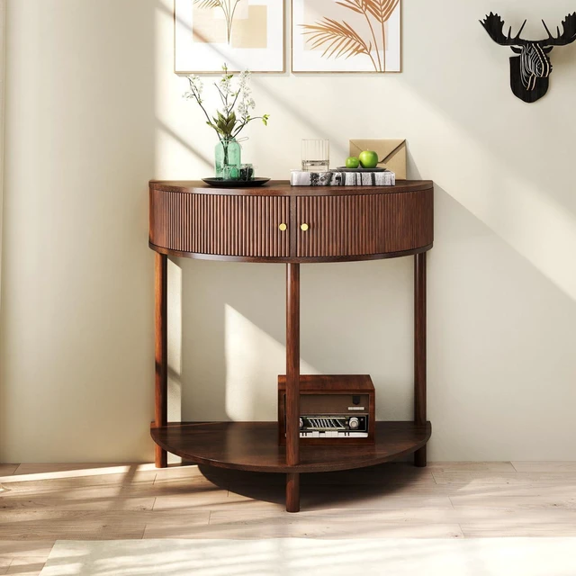Main image of Rattan Console Table with Cabinet and Bottom Shelf, Brown