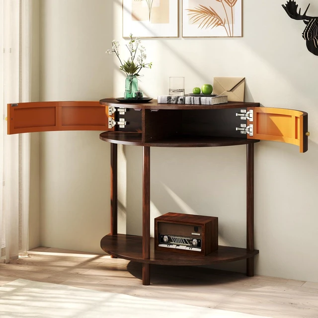Alt view image 3 of 7 - Rattan Console Table with Cabinet and Bottom Shelf, Brown