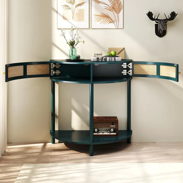 Alt view image 3 of 7 - Rattan Console Table with Cabinet and Bottom Shelf, Antique Green