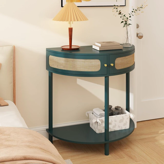 Alt view image 4 of 7 - Rattan Console Table with Cabinet and Bottom Shelf, Antique Green