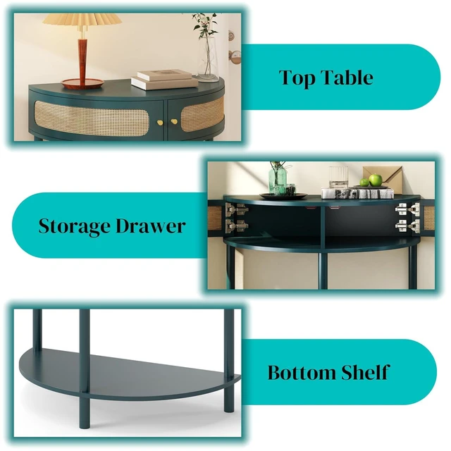 Alt view image 5 of 7 - Rattan Console Table with Cabinet and Bottom Shelf, Antique Green