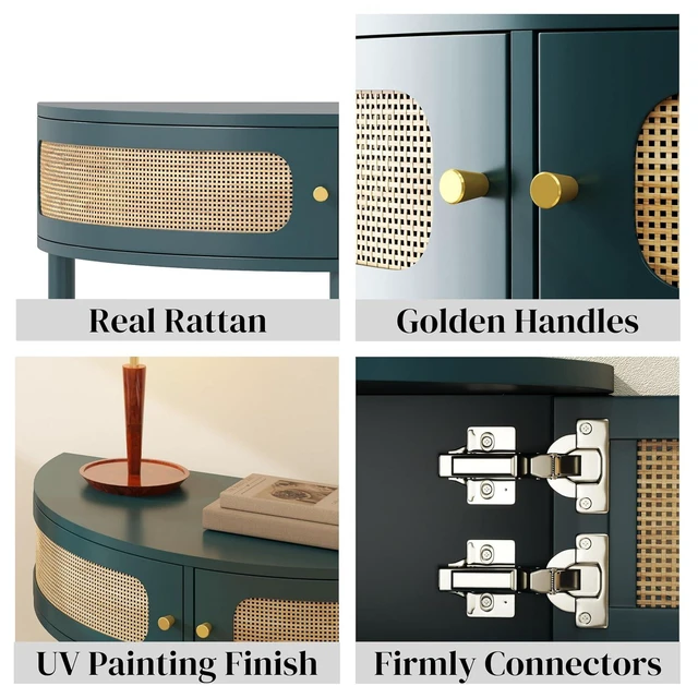 Alt view image 6 of 7 - Rattan Console Table with Cabinet and Bottom Shelf, Antique Green
