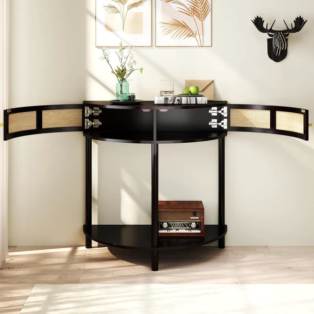 Main image of Rattan Console Table with Cabinet and Bottom Shelf, Black