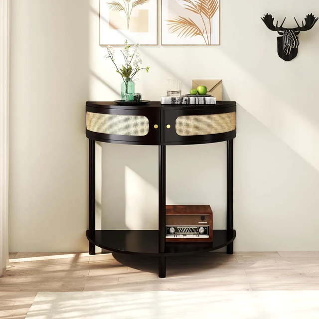 Alt view image 3 of 7 - Rattan Console Table with Cabinet and Bottom Shelf, Black