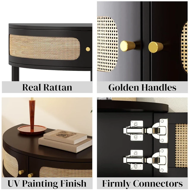 Alt view image 4 of 7 - Rattan Console Table with Cabinet and Bottom Shelf, Black
