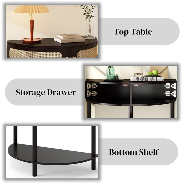Alt view image 5 of 7 - Rattan Console Table with Cabinet and Bottom Shelf, Black