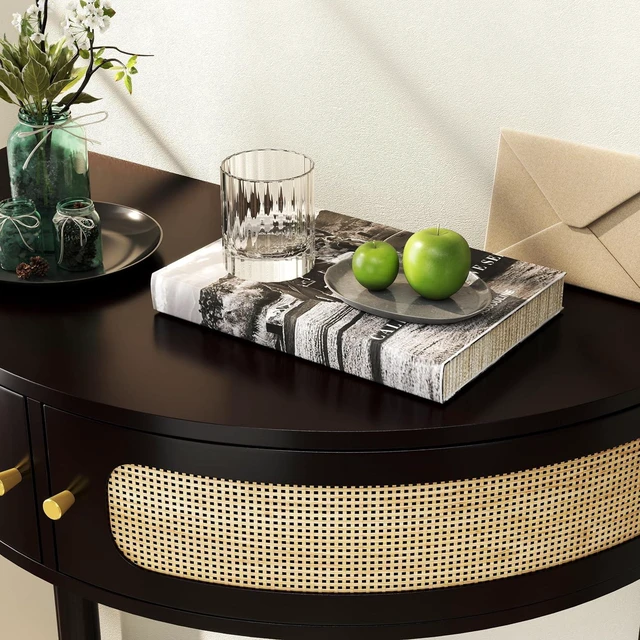 Alt view image 7 of 7 - Rattan Console Table with Cabinet and Bottom Shelf, Black