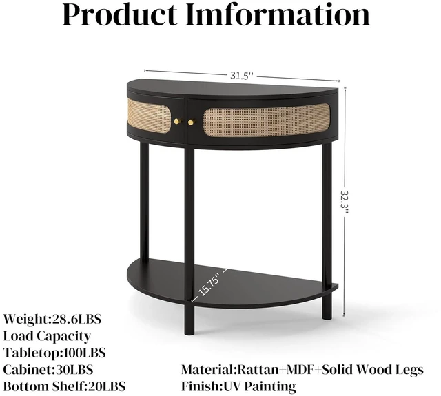 Alt view image 2 of 7 - Rattan Console Table with Cabinet and Bottom Shelf, Black