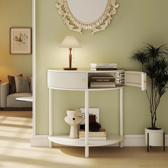 Main image of Rattan Console Table with Cabinet and Bottom Shelf, Cream White
