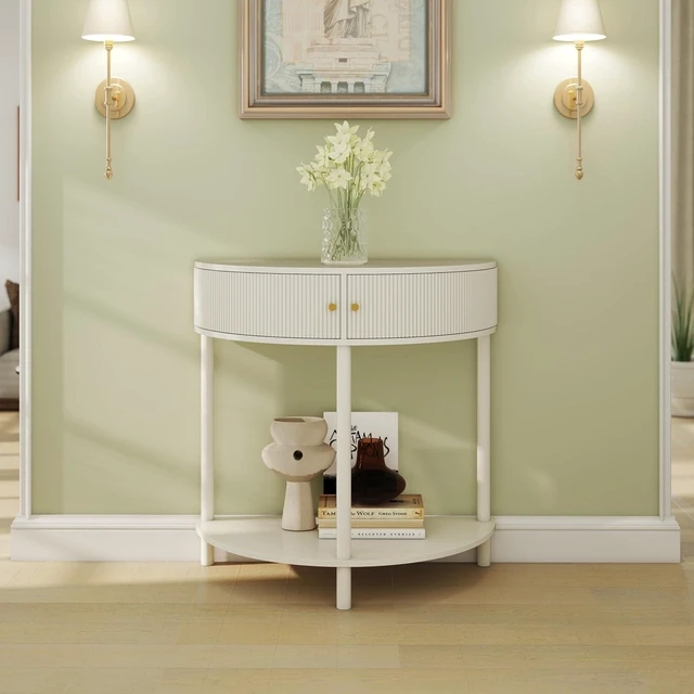 Alt view image 3 of 7 - Rattan Console Table with Cabinet and Bottom Shelf, Cream White