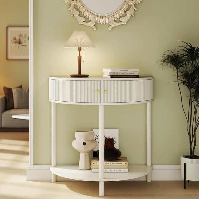 Alt view image 4 of 7 - Rattan Console Table with Cabinet and Bottom Shelf, Cream White