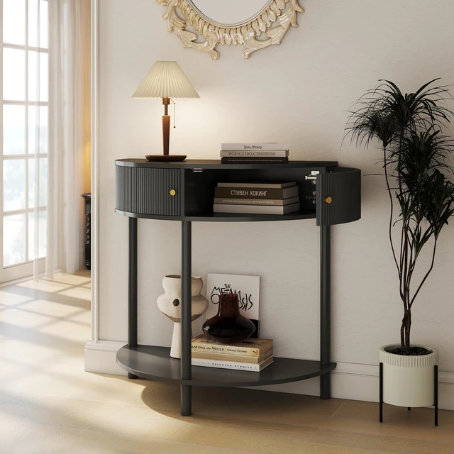 Alt view image 3 of 7 - Rattan Console Table with Cabinet and Bottom Shelf, Dark Gray