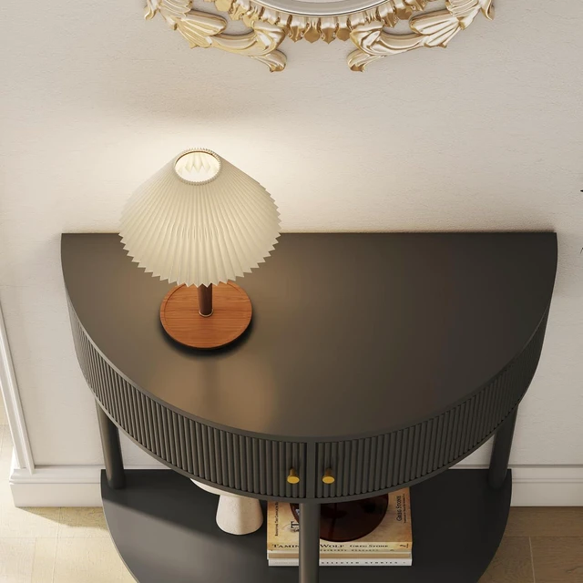 Alt view image 7 of 7 - Rattan Console Table with Cabinet and Bottom Shelf, Dark Gray