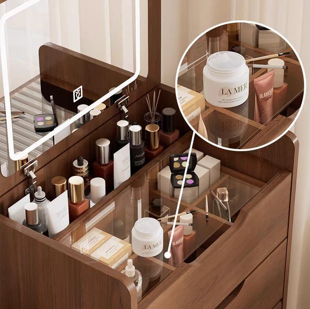 Alt view image 4 of 7 - Compact 3 in 1 Vanity Desk with Flip Top Mirror and Lights, Walnut