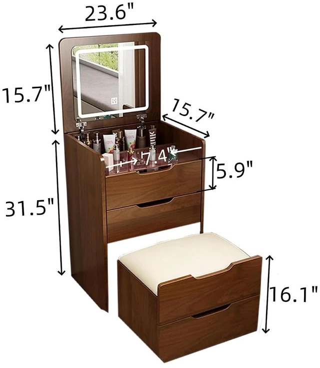 Alt view image 2 of 7 - Compact 3 in 1 Vanity Desk with Flip Top Mirror and Lights, Walnut