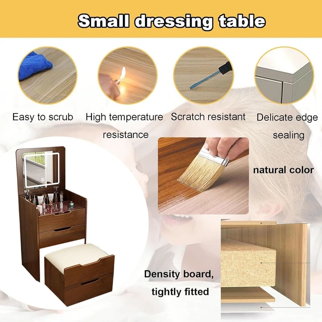 Alt view image 5 of 7 - Compact 3 in 1 Vanity Desk with Flip Top Mirror and Lights, Walnut