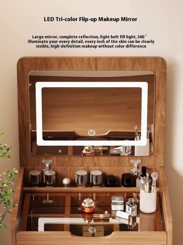 Alt view image 7 of 7 - Compact 3 in 1 Vanity Desk with Flip Top Mirror and Lights, Walnut
