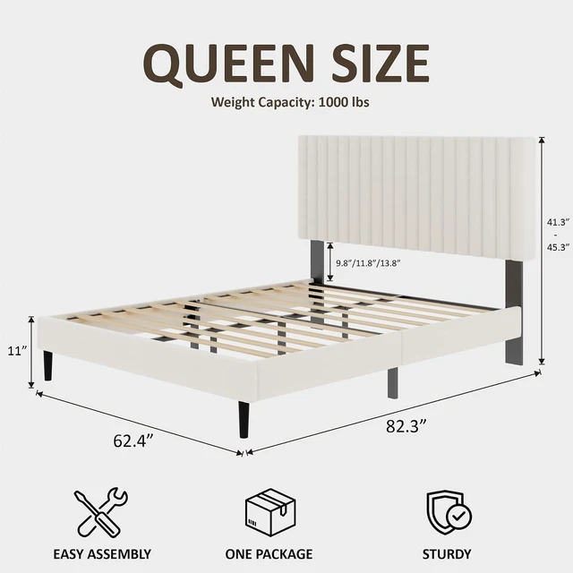 Alt view image 2 of 7 - Queen Size Velvet Bed Frame with Height-Adjustable Headboard, Upholstered Platform Bed Frame with Eva Silent Strips, No-Spring Mattress Compatible, Easy Assembly, Beige