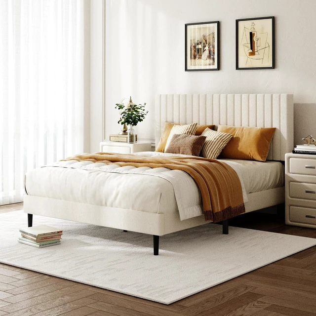 Main image of Queen Size Velvet Bed Frame with Height-Adjustable Headboard, Upholstered Platform Bed Frame with Eva Silent Strips, No-Spring Mattress Compatible, Easy Assembly, Beige