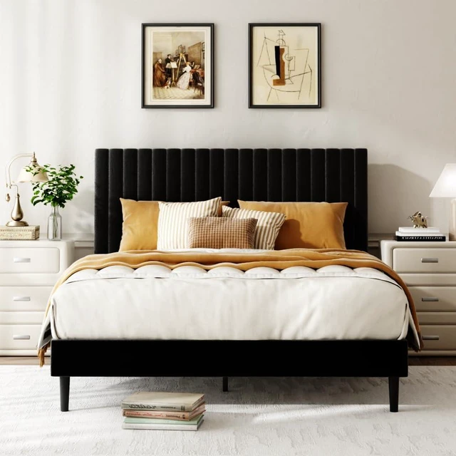 Main image of Queen Size Velvet Bed Frame with Height-Adjustable Headboard, Upholstered Platform Bed Frame with Eva Silent Strips, No-Spring Mattress Compatible, Easy Assembly, Black