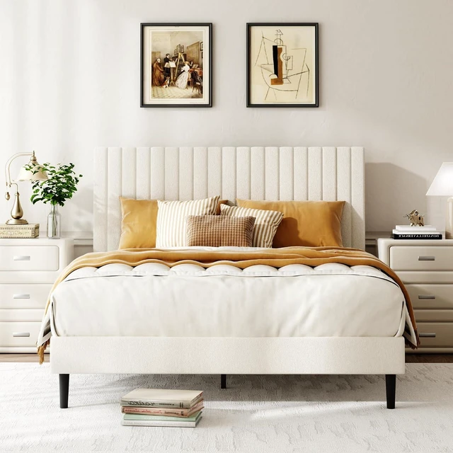 Alt view image 3 of 7 - Queen Size Velvet Bed Frame with Height-Adjustable Headboard, Upholstered Platform Bed Frame with Eva Silent Strips, No-Spring Mattress Compatible, Easy Assembly, Beige