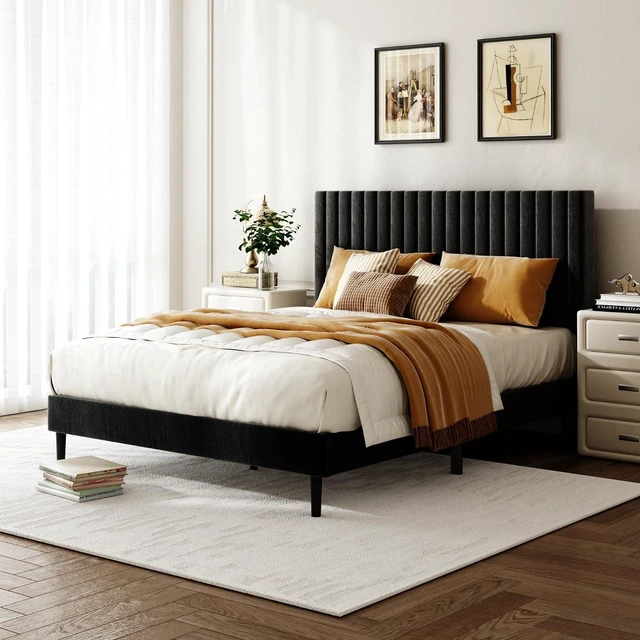 Alt view image 3 of 7 - Queen Size Velvet Bed Frame with Height-Adjustable Headboard, Upholstered Platform Bed Frame with Eva Silent Strips, No-Spring Mattress Compatible, Easy Assembly, Black