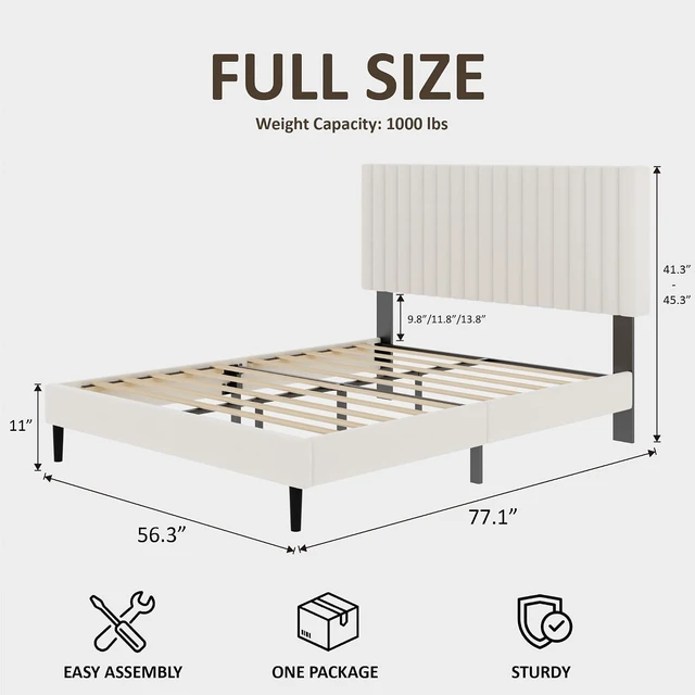 Alt view image 2 of 7 - Upholstered Full Bed Frame with Height-Adjustable Headboard, Velvet Platform Bed with Eva Silent Strips, No-Spring Mattress Compatible, Easy Assembly, Beige
