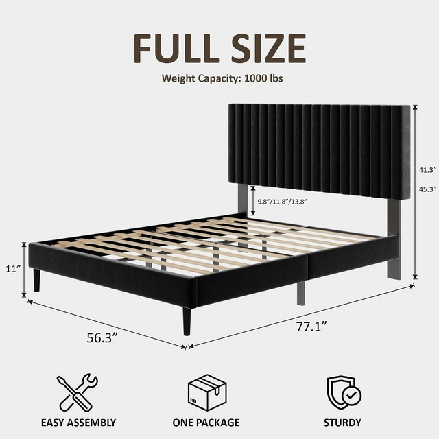 Alt view image 2 of 7 - Upholstered Full Bed Frame with Height-Adjustable Headboard, Velvet Platform Bed with Eva Silent Strips, No-Spring Mattress Compatible, Easy Assembly, Black